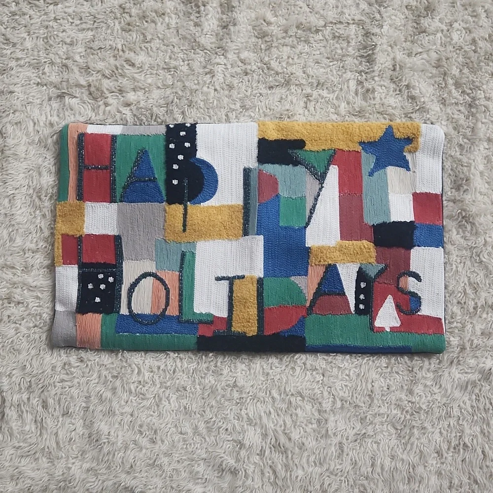 WEST ELM happy holidays beaded pillow cover 12x21 multicolor embroidered sham